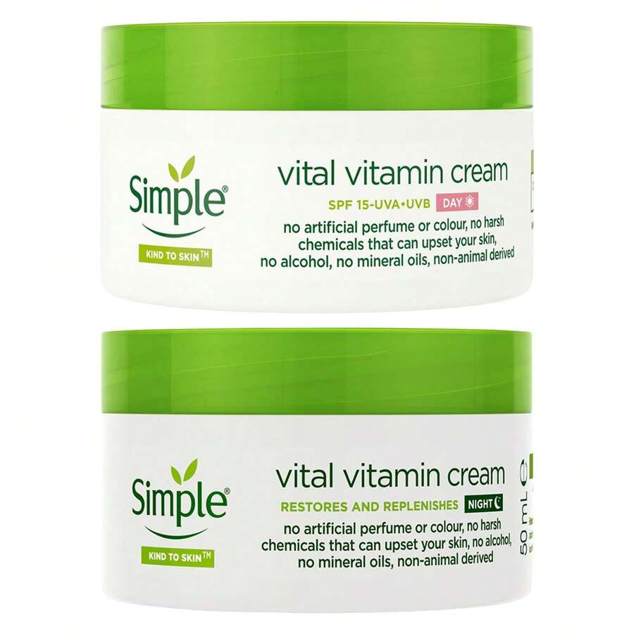 Simple Kind To Skin Face Cream Bundle - Day Cream SPF15 & Night Cream Hydrating, 50ml | Daily Protection & Night Restoration Duo For Sensitive Skin - White - View 1