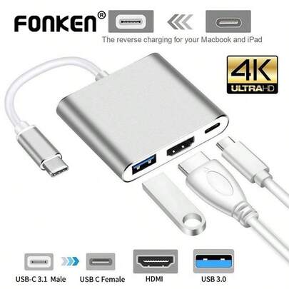 3-In-1 USB Type-C To Hub Adapter, 100W PD Fast Charging, USB3.0 Expansion Dock, Compatible With MacBook Air/Pro