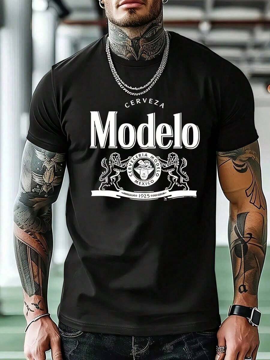 Men'S Modelo Beer Logo T-Shirt - Casual Crew Neck, Short Sleeve, Cotton, Summer Tee For Daily Wear & Workouts - Black - View 1
