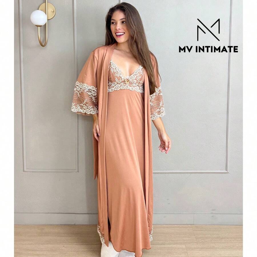 Long Robe And Nightgown Kit Without Underwire In Two-Tone Light Microfiber - 米色 - 查看 1