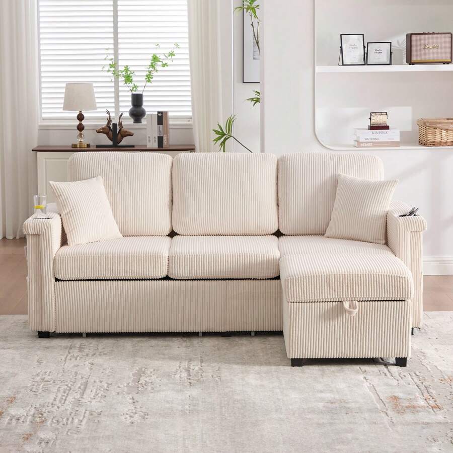 76'' L Shaped Sectional Couches With Storage Ottoman, 3 Seater Corduroy Sofa With 2 Drawers, Cup Holder, Side Bag For Living Room, Apartment, Small Space - Màu be - Xem 1