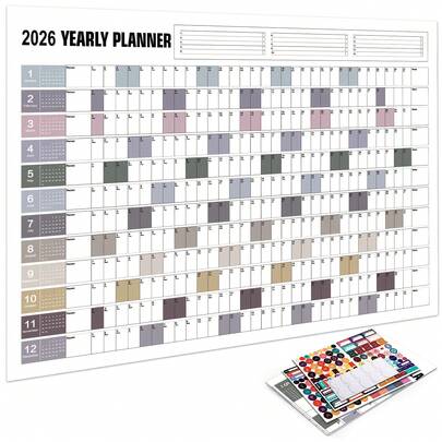 2026 年挂墙式日历计划表 - 1 件 2026 年全年视图日历，展开尺寸为 29.2 X 20.7 英寸/74.2 X 52.5 厘米，包含 4 张贴纸和 1 张双面圆形贴纸。