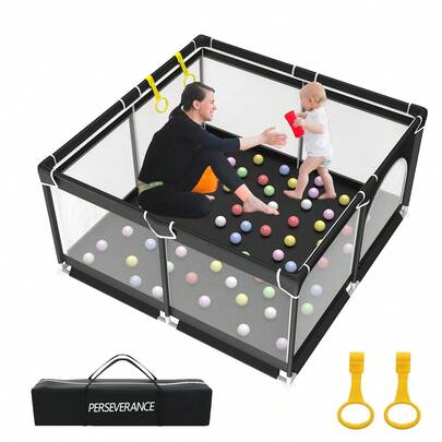 Laufstall Baby Faltbar, 127x127cm Laufgitter Baby mit Tor, Baby Playpen mit Atmungsaktivem Netz,Stabile Basis, Kinder Sicherheitsspielplatz,Schwarz