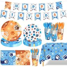 170PCS Paw Print Party Disposable Plates, Birthday Party Plate Set Paw Print , Disposable Party Dinnerware Heavy Duty, Disposable Plates Cups Cutlery Tablecloth Banner, Pet Themed Decorations For Adult Birthday Party Favors, Serves 24 - 藍/橙 - 查看 1