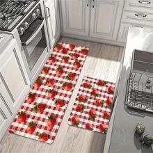 Strawberry Pattern Kitchen Rugs Set, Polyester Non-Slip PVC Back, Washable Machine Made Area Mats For Home, Bathroom, Bedroom - Rectangular Decorative Floor Pads, Easy Clean Indoor Carpet - màu đen - Xem 3