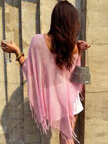 Women's Casual Sexy Loose Knit Solid Color Tassel Asymmetrical Hem Vacation Blouse - Baby Pink - View 3