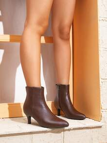 女士时尚粗跟短靴，多功能拉链优雅尖头性感派对踝靴，秋季猫跟 - 咖啡棕 - 查看 6