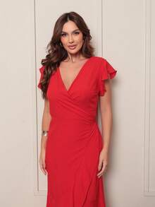 Long Wrap Dress With A Tie At The Waist - Red - View 6
