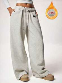 秋冬新款保暖内衬厚款休闲百搭高腰松紧腰宽松阔腿运动裤 - 淺灰色 - 查看 1