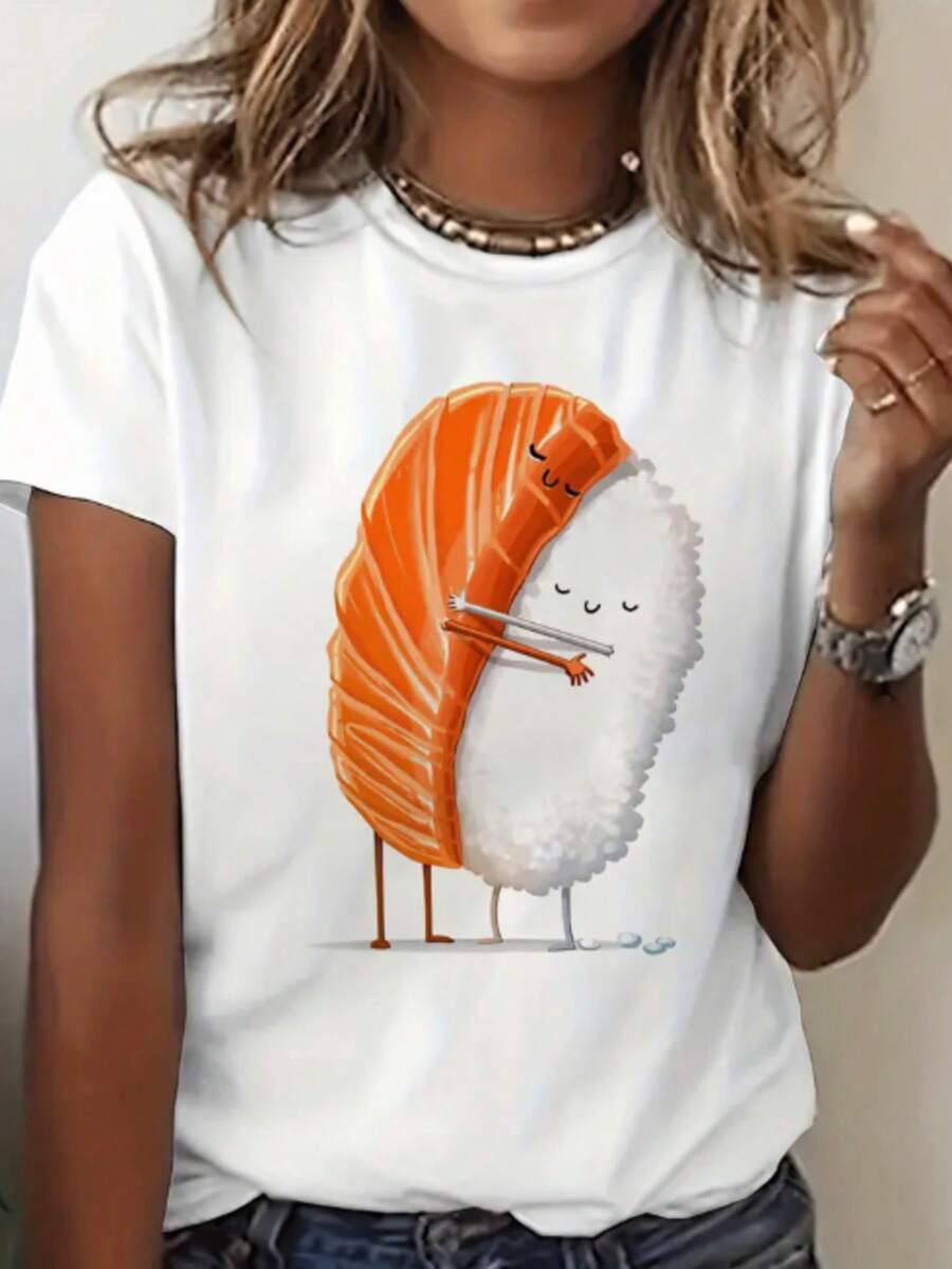 Women's Round Neck T-Shirt With Sushi Print, Fashion Women's T-Shirt With Sushi Print, Casual Short Sleeve T-Shirt, Promotion Women's Top, Comfort For All Seasons - 白色 - 查看 1