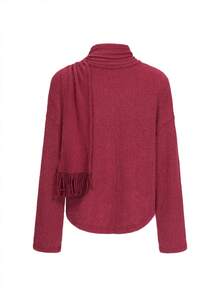 Tenue d'automne élégante et décontractée pour femme de luxe : Cardigan en laine bourgogne avec écharpe à franges, nouvelle collection hiver 2025 pour femmes. Convient pour les fêtes de Noël, Thanksgiving, Halloween, mariages. Top vintage confortable et chaud - Rouge foncé - Voir 3