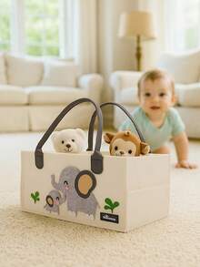 Sunveno Cute Unique Felt Diaper Organizer Bag - Baby Essentials Storage Basket & Caddy Bag For Baby With Cartoon Animal Design - White Elephant - View 9