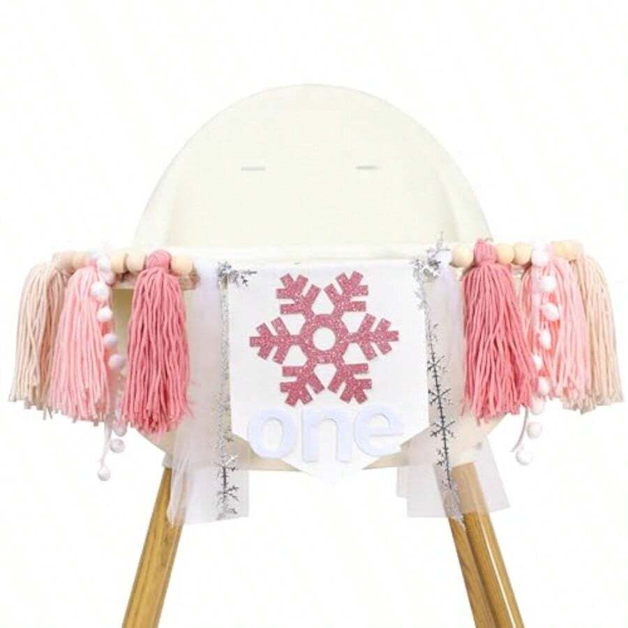 QY- Snowflake Tassel High Chair Banner - One Winter Onederland Highchair Banner Pink 1st Birthday Highchair Banner Frozen Wonderland Party Photo Props. -6459 - 雪花一生日高腳椅橫幅 - 查看 1