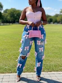 Chicsale Women's Straight Leg Jeans With Bow Detail & Ripped Holes Non-Stretch Denim Pants, Soft Comfortable Relaxed Fit For Casual Daily Wear - Rửa trung bình - Xem 5