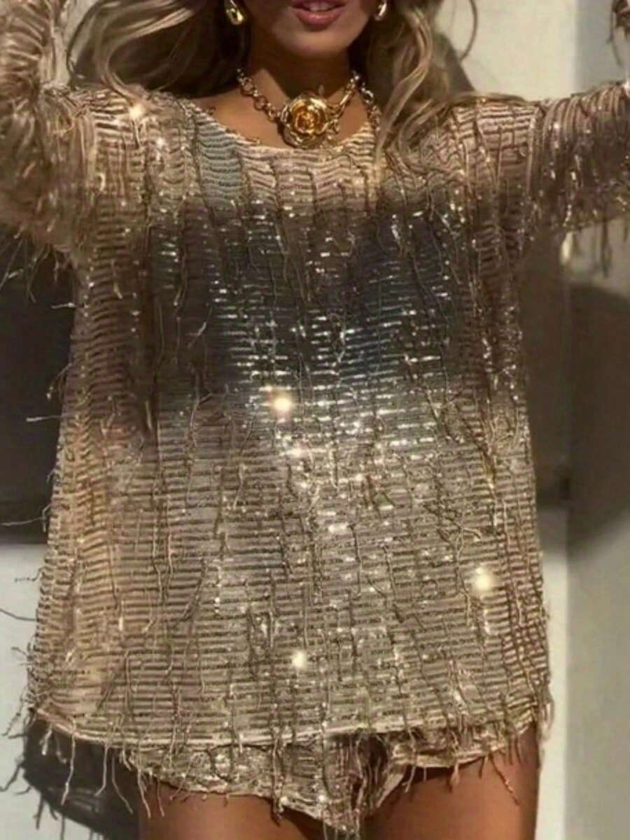 Women's 2 Piece Party Outfits Long Sleeve O Neck Sequins Tassel Tops Shorts Sets - Màu Khaki - Xem 1
