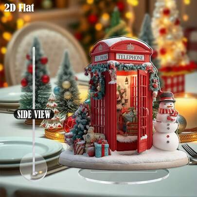 A 2D Flat Christmas Telephone Booth Decoration - Red And White Acrylic Holiday Logo With Snowman, Santa Claus And Gift Box - Perfect For Home, Kitchen Or Desktop - Classic Christmas Gift, Suitable For Family And Friends, Christmas Decoration