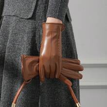 Echtlederhandschuhe für Damen im Winter mit Samt und verdicktem Touchscreen, um beim Fahren und Reiten warm zu bleiben, einfach und modisch, winddicht und kältebeständig - Kamelfarben - Übersicht 2