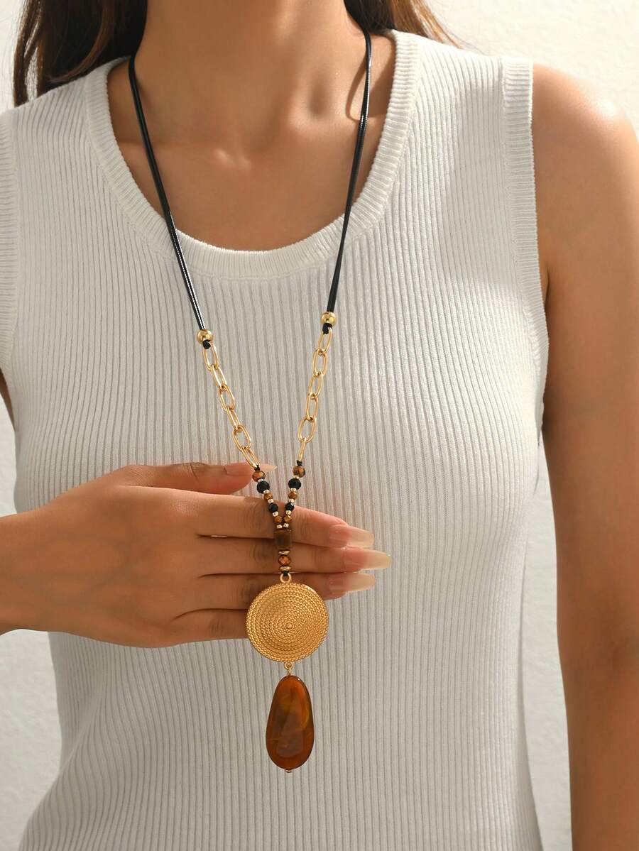 1pc Fashionable Casual Geometric Circle Pattern Metal Chain Beaded Necklace For Women, Suitable For Gift, Banquet, Party, Daily Wear