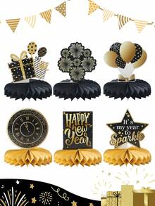 6Pcs Black Gold 2026 New Year Honeycomb Centerpieces,Happy New Year Table Ornament,New Year Party Decorations,Table Centerpiece,New Year's Eve Celebration Decor,New Year Decorations,Holiday Party Supplies - Multicolor - View 1