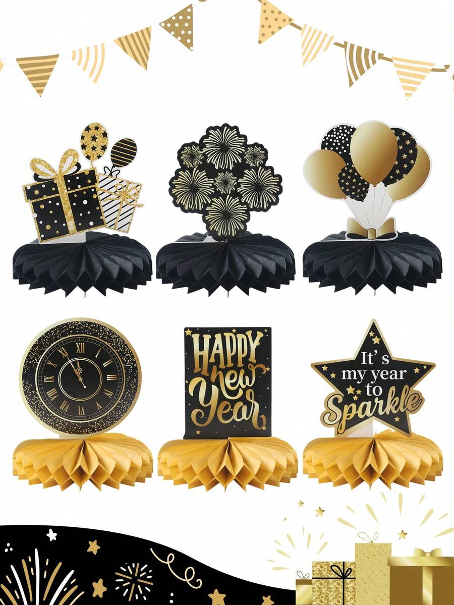 6Pcs Black Gold 2026 New Year Honeycomb Centerpieces,Happy New Year Table Ornament,New Year Party Decorations,Table Centerpiece,New Year's Eve Celebration Decor,New Year Decorations,Holiday Party Supplies - Multicolor - View 1