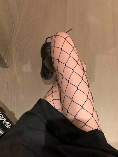 1 pieza Medias negras sexys de mujer con fondo calado de cuadros y malla hueca, medias con fondo de red vacía