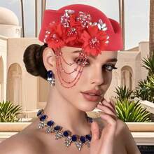 Retro British Hat For Women Elegant 3D Floral Rhinestone Decorated Flight Attendant Cap Beret Cosplay Costume Accessories - Đỏ - Xem 3