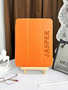 Customized Text Flat Tablet Case, Orange Solid Color, Suitable For IPad Mini4/Mini5/Mini6/Mini7, IPad A16 2025, Air 11 13 M2 M3 Pro 11 13 M4 2024, Air 4 5 10th 10.9, Pro 11 9th 8th 7th 10.2 4th 5th 6th Model A8, Customized Text, Tri-Fold Stand, Built-In Pen Slot, Soft Edge Full Coverage, Minimalist Casual Classic TPU Soft Shell IPad Flip Tablet Case. Note: The Final Font Style Is Subject To The Physical Picture, And There May Be Slight Color Differences. - Orange - View 5