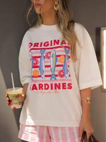 Camiseta Feminina Gola Redonda Estampa ORIGINAL SARDINES Blusa em Algodão Premium - Creme - Visão 2