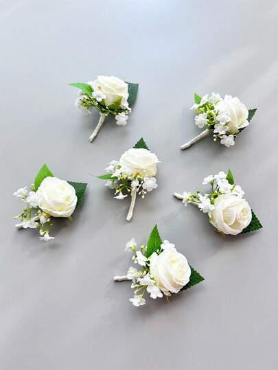 1pc/6pcs Artificial Ivory Rose Flower Groom Boutonniere Man Brother Corsage Graduate Pin Suit Wedding Flowers Party Decoration Valentine's Day Accessories