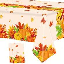 2pcs/4pcs Thanksgiving Pumpkin & Maple Leaf Plastic Disposable Tablecloth, Autumn Leaf Rectangle Dining Table Cover For Harvest Thanksgiving Holiday Party, Kitchen Use 54" X 108"