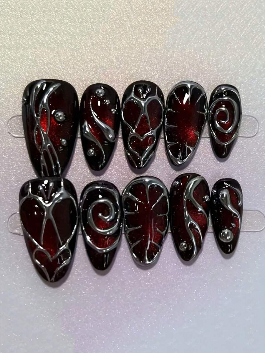 Ten Pieces Of Gothic Punk Handmade Nail Art, Medium Almond Press-On False Nails, High-End Luxury Nail Art, Gothic Punk Retro Style, Nail Art, Women's Gift, Suitable For Girls And Ladies To Wear Every Day At Party Nail Supplies Handmade Press On Nails