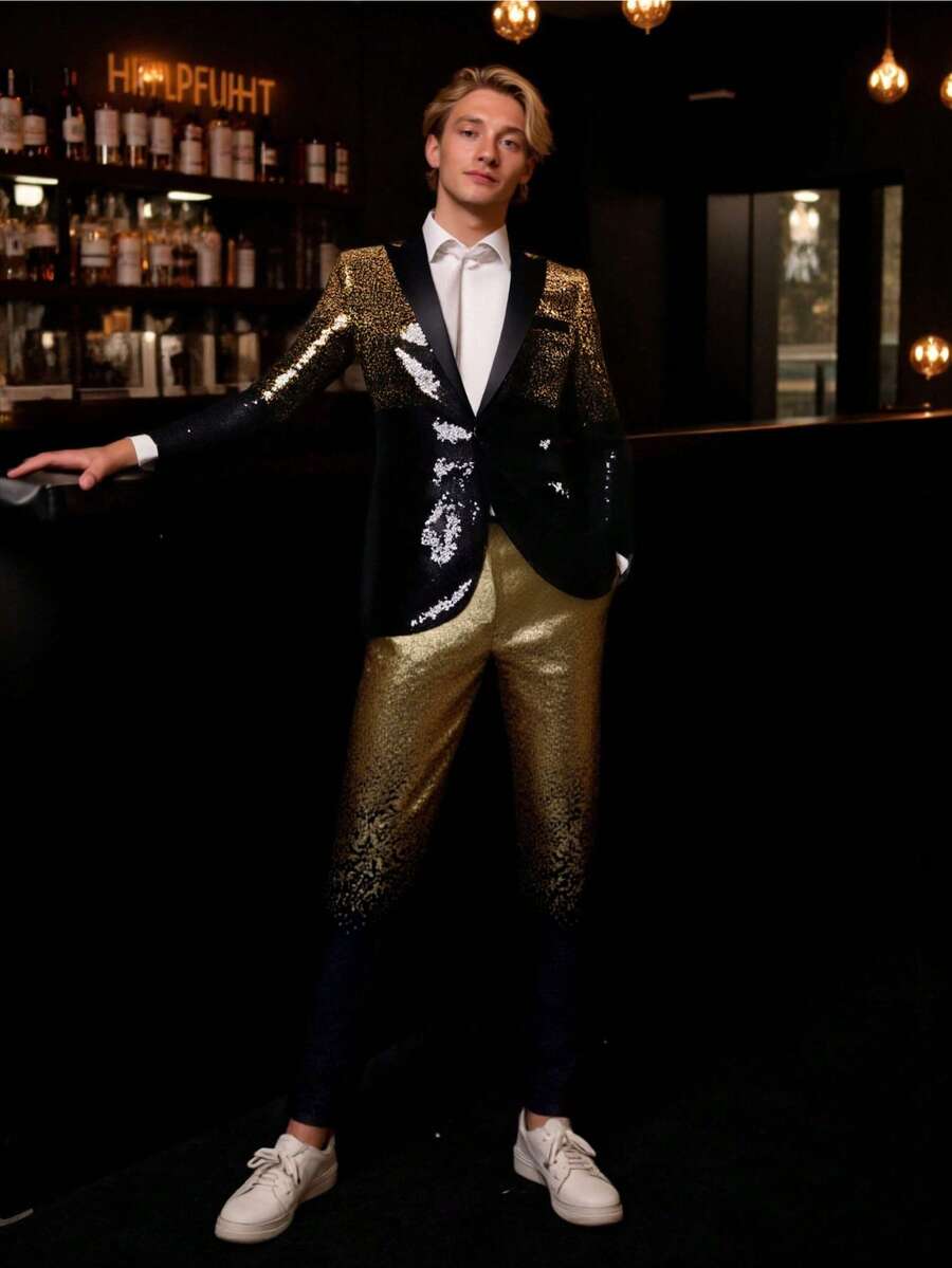 Men's Shiny Gradient Suit Set, 2 Pieces Stage Performance Outfit, Nightclub Sparkling Set - Gold - View 1