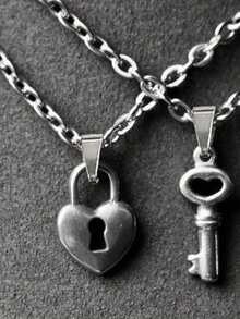 2 件钥匙锁项链嘻哈风格合金银情侣项链适合约会礼物 - 銀色 - 查看 8