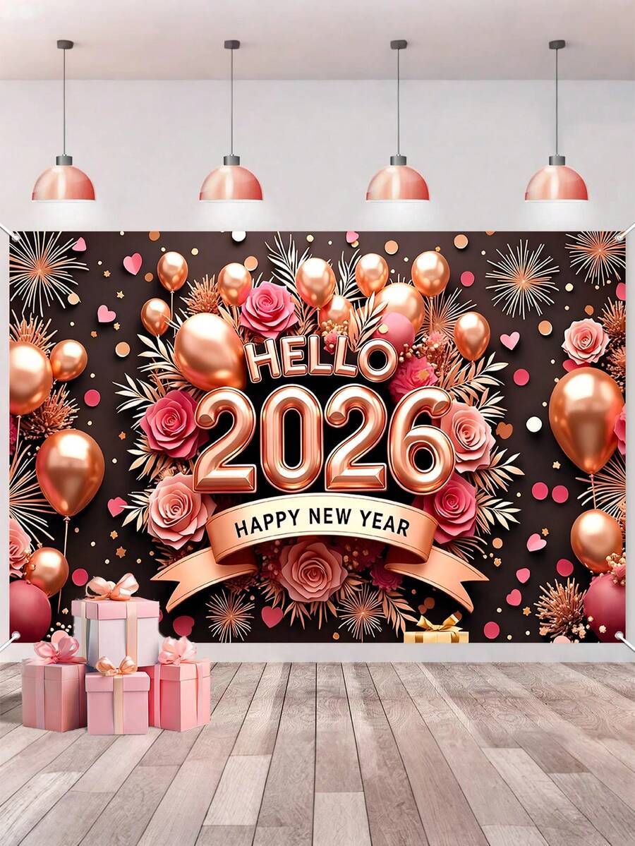 1件新年主题背景横幅，黑色玫瑰金“2026新年快乐”气球烟花花卉设计涤纶悬挂旗帜，适用于2026新年派对庆祝背景布、家居装饰、新年派对墙面背景、新年礼物、花园庭院装饰、花园旗帜、悬挂装饰、派对拍照道具、2026新年装饰、派对礼品