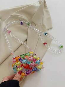 Oaoleer Mini Acrylic Beaded Crossbody Handbag Candy Color Handmade Pearls Purse For Women Children Party,Perfect For Music Festival, Perfect Valentine's Day Gift For Her, Best Valentines' Gift Choice Ever, Fashionable Heart Purse, Perfectly Match With Valentine Day Dress - 彩色 - 查看 3