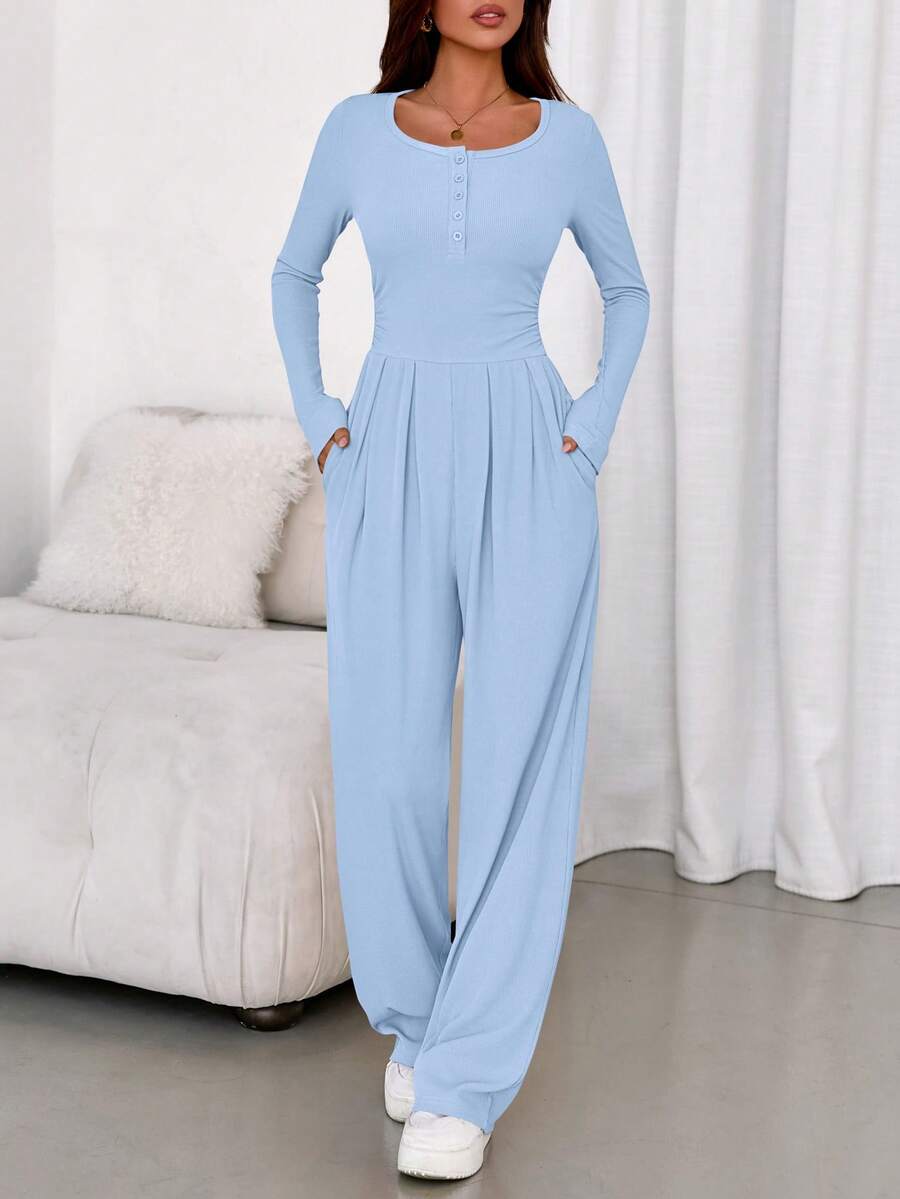 Women  Fall Jumpsuits  Dressy Casual One Piece Outfits Long Sleeve Crew Neck Wide Leg Pants Rompers  Fall Clothes For Women - Màu xanh nhạt - Xem 1