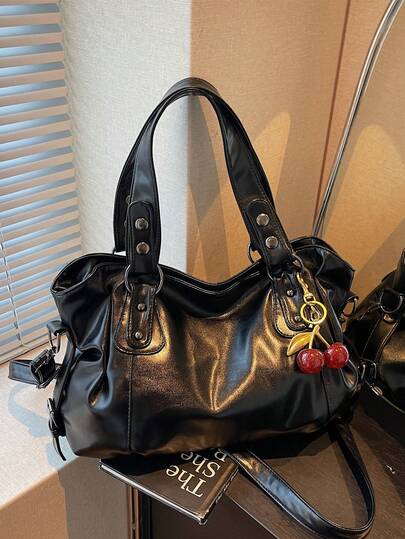 This Is A Fashionable And Versatile Shoulder Bag, A Multi-Functional Commuter Solid Color Large Capacity Vintage PU Material Shoulder Bag/Handbag, With Zipper Opening, Decorated With A Cherry Pendant, Women's Shoulder Bag, With Dual Handles Design, Very Suitable For Shopping, Travel, Going Out And Various Occasions. , Office Bag