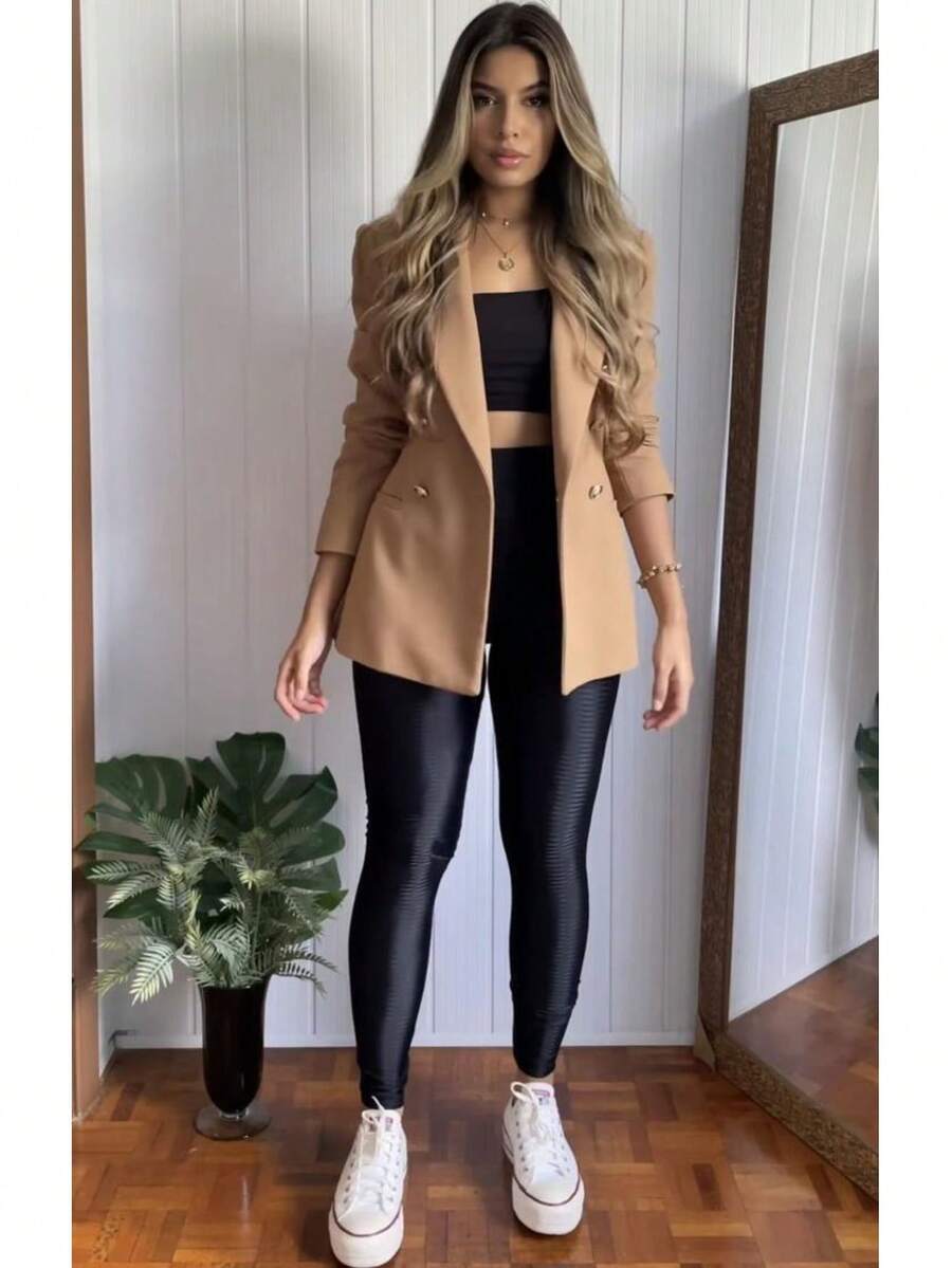Blazer informal de poliéster con solapa y botones de manga larga para mujer