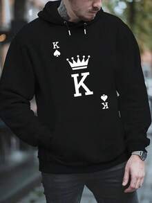 Men'S Red Hooded Sweater With Crown & King Print - Cozy Plush Long Sleeve Pullover For Fall And Winter, Casual Style, Soft Fabric, Regular Fit, Casual Wear | Crowned Figure Design | Soft Texture Fabric, Sweater Hoodie, PLUS SIZE Men's Casual Warm Hooded Sweatshirt For Winter - 黑色 - 查看 4