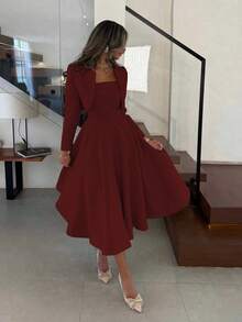 2pcs Set: Elegant Casual/Business Loose Long Sleeve Jacket Top + Asymmetrical Hem Waist Cinched Maxi Dress, Burgundy, Autumn/Winter - Burgundy - View 1