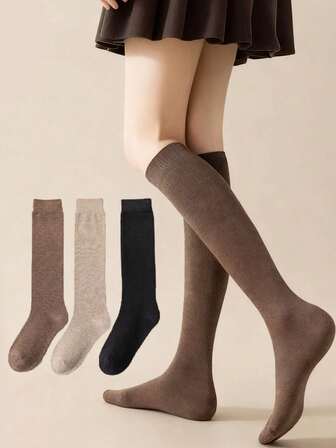 3 pares de calcetines casuales y versátiles de unicolor que llegan hasta la rodilla o hasta la pantorrilla para mujer, para primavera/otoño, calcetines cómodos