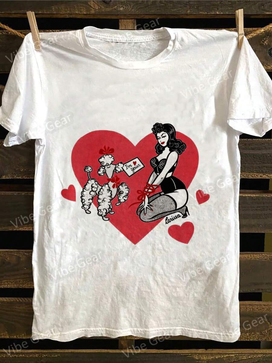 Retro Pin-Up Poodle Valentine's Day T-Shirt - Vintage Style Crew Neck Tee, Soft Cotton, Breathable Summer Top - Perfect Valentine's Day, Anniversary, Or Romantic Gift For Her, Girlfriend, Wife - trắng - Xem 1