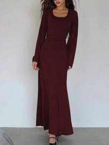 Đầm maxi nữ cổ tròn dáng ôm tay loe buộc dây sau lưng, kiểu dáng thanh lịch, thích hợp mặc hàng ngày, phong cách đường phố, mùa Thu/Đông. - Màu Đỏ Sâu - Xem 4