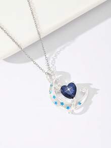 1pc Elegant, High-End Unique Design Copper Inlaid Blue Zirconia Heart And Moon Pendant Necklace, Suitable For Gifting To Family/Friends, Multipurpose, Luxury, Party, Banquet, Holiday, Gift - White - View 4