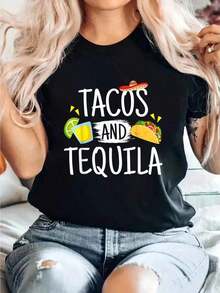 Funny Tacos And Tequila-Shirt Mexican Sombrero Tee-Shirt  Print Round Neck Short Sleeve-Shirt Women Casual, Summer, Women Top Graphic Tees Women Tops - màu đen - Xem 1