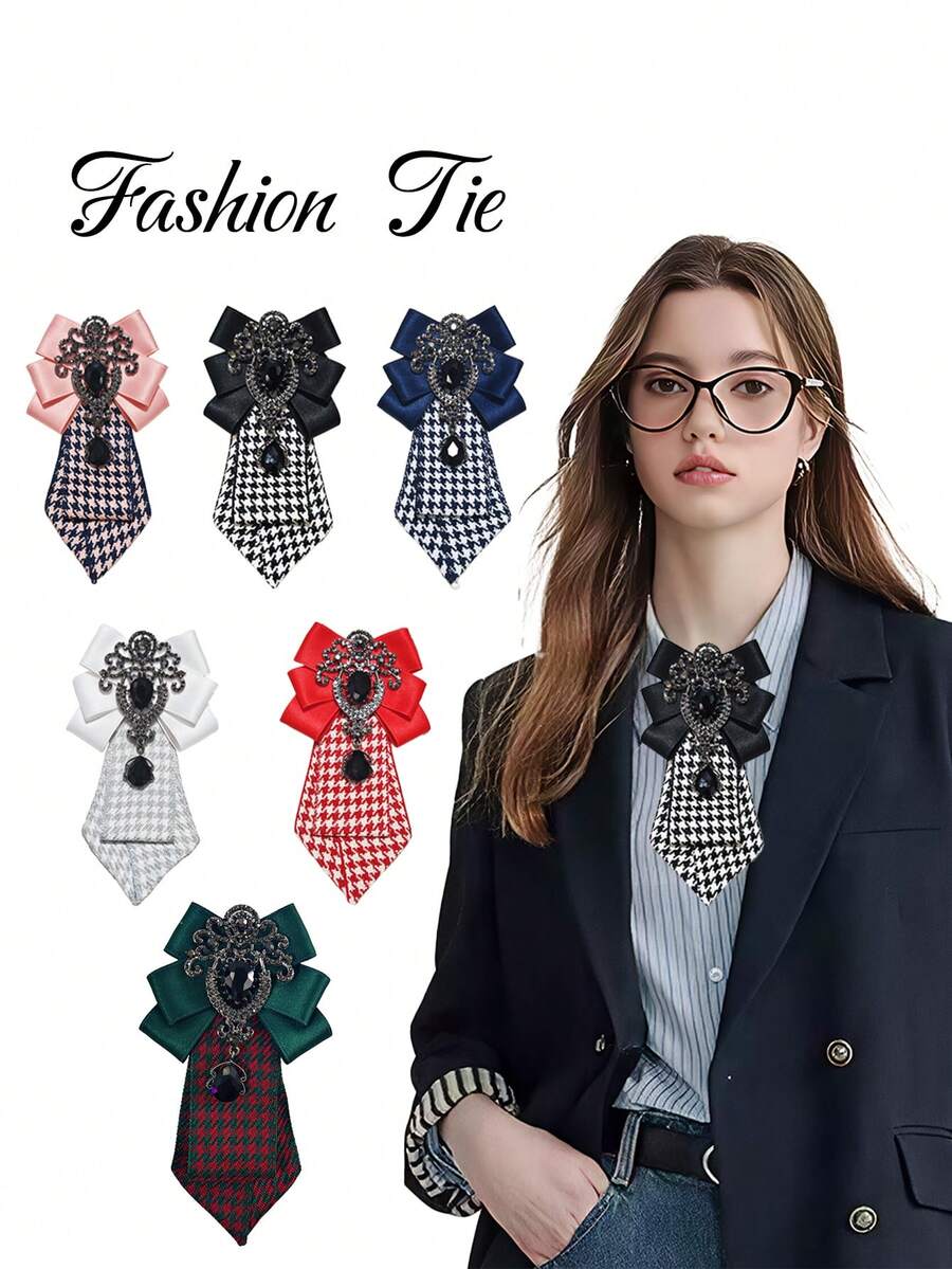1pc Handmade Double-Layer Pearl Decorated Lapel Flower, British Style - Houndstooth Pattern Tie - View 1
