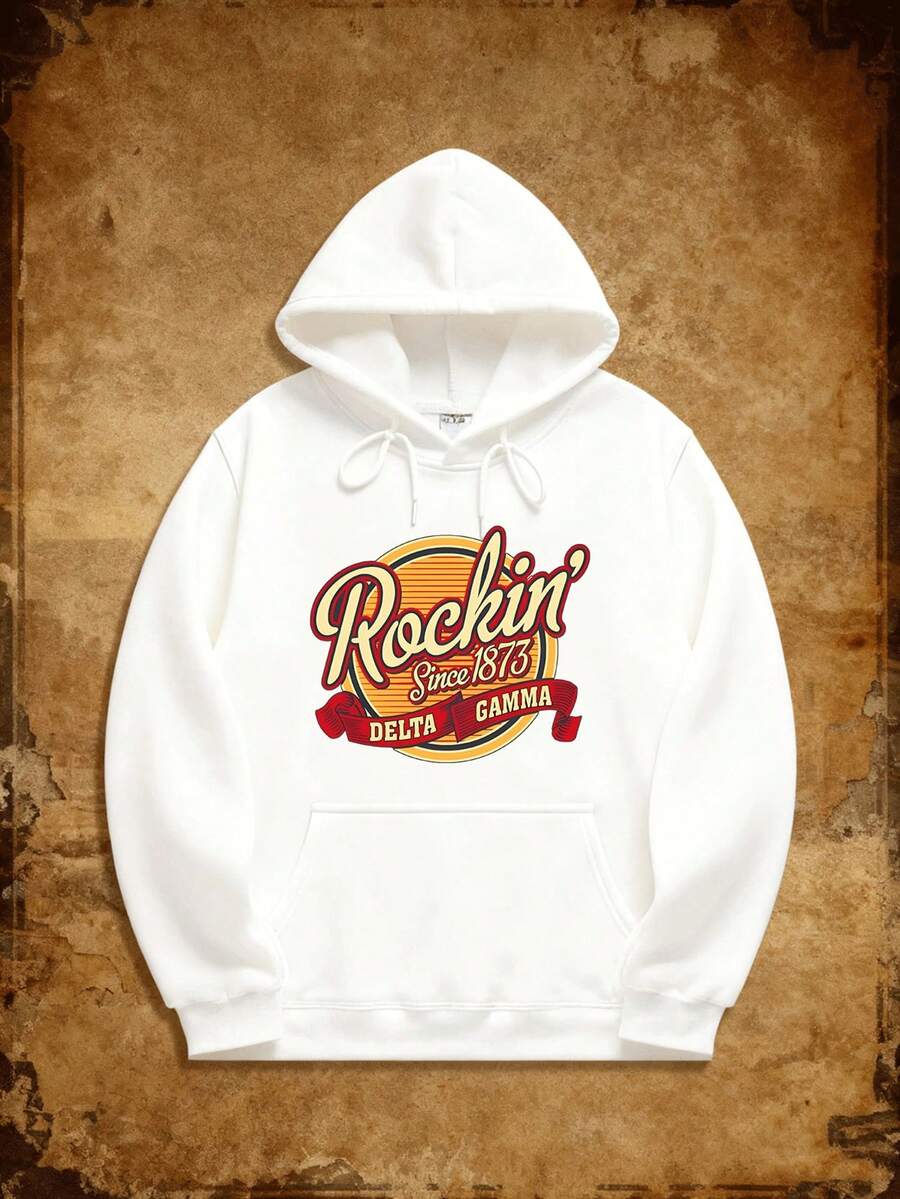 A Men's Hoodie With 'Rockin' Since 1873' And 'DELTA GAMMA' Texts, Presenting A Retro Rock Style Design, Made Of 280G Heavy Comfortable Knit Fabric, Suitable For Couples, Outings, Home, And Sports ,Fall Hoodies,Men's Fall Clothes,Street Wear,Halloween,Mens Hoodies,Y2k Clothes,Jesus Hoodie,Thanksgiving Day,Nightmare Before Christmas,Christmas - 白色 - 查看 1