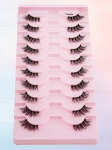 10 Pairs 3D Fluffy Half-Eye False Eyelashes, 8-10mm Transparent Stem Handmade Faux Mink Short Lashes, Extending Outer Corner, Natural Look, Suitable For Women's Daily Wear - 黑色 - View 3