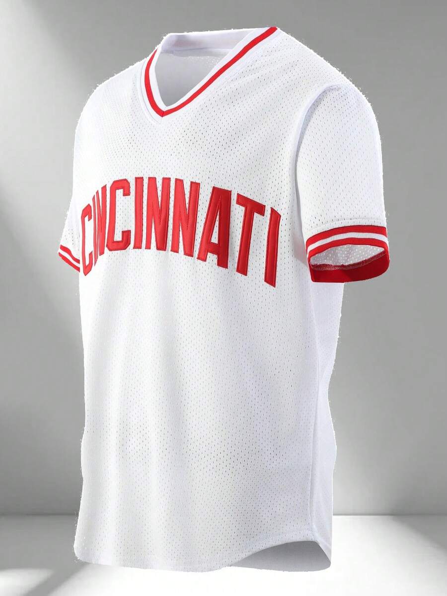 Men's Embroidered Baseball Jacket, 5 White Casual Short Sleeve V-Neck Button T-Shirt, Party & Sports Wear Fall - White - View 1