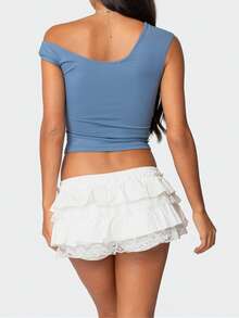 Women Lace Trim Ruffle Hem Micro Mini Skirts Elastic Low Waist Y2k Lace Layered Short Skirts Ruched A-Line Cute Tiered Ruffle Skirts Halloween/Christmas Costumes - trắng - Xem 10